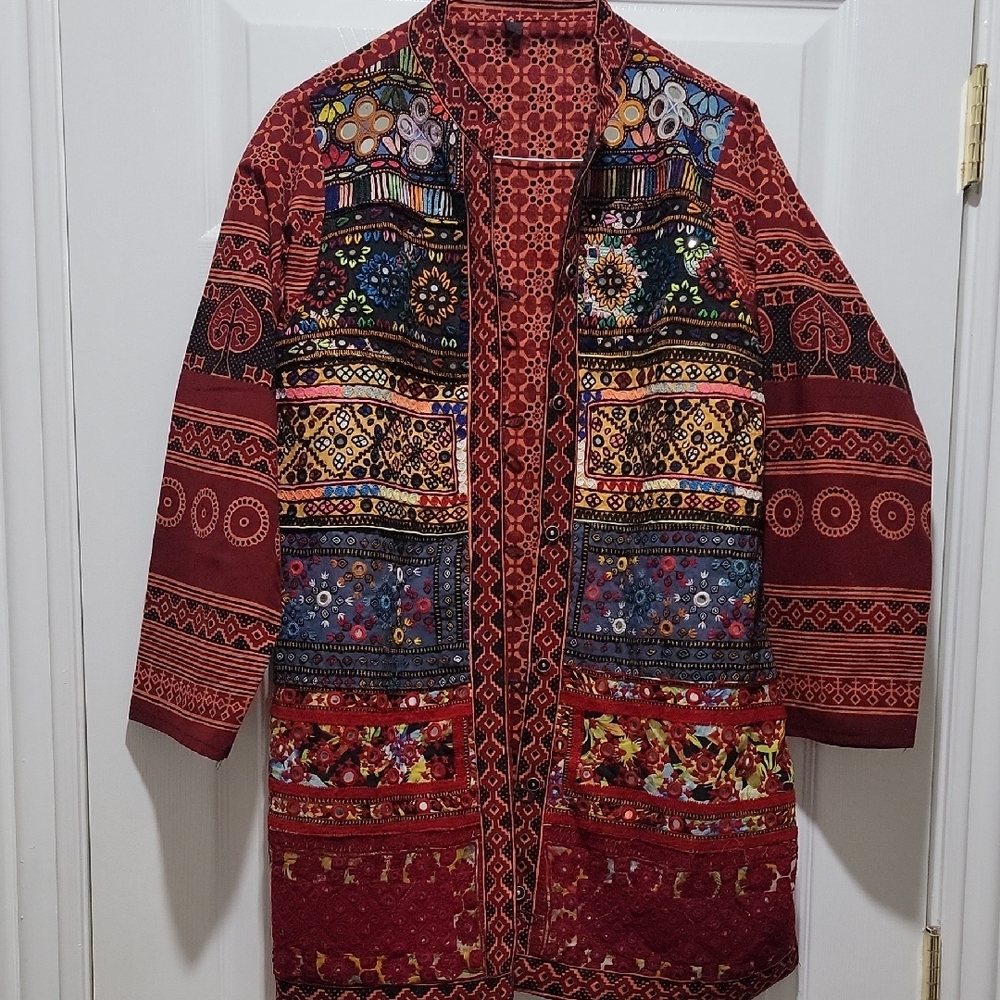 Red Geometric Jacket with Intricate Patterns.New. Its All Hand Embroidery